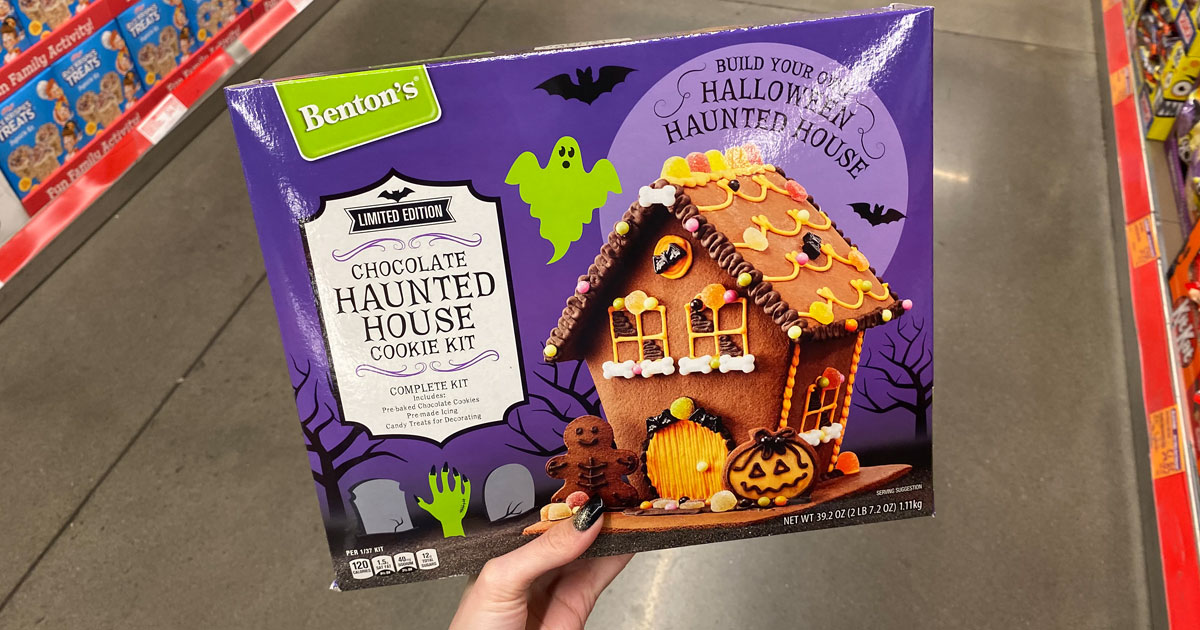 hand holding Chocolate Haunted House Cookie Kit in ALDI