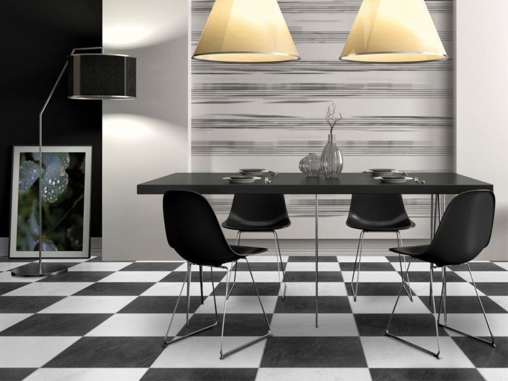 black and white flooring with table and lights