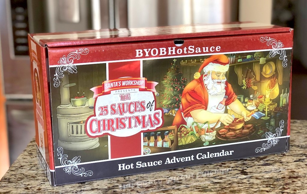 advent calendar box of hot sauces on kitchen counter