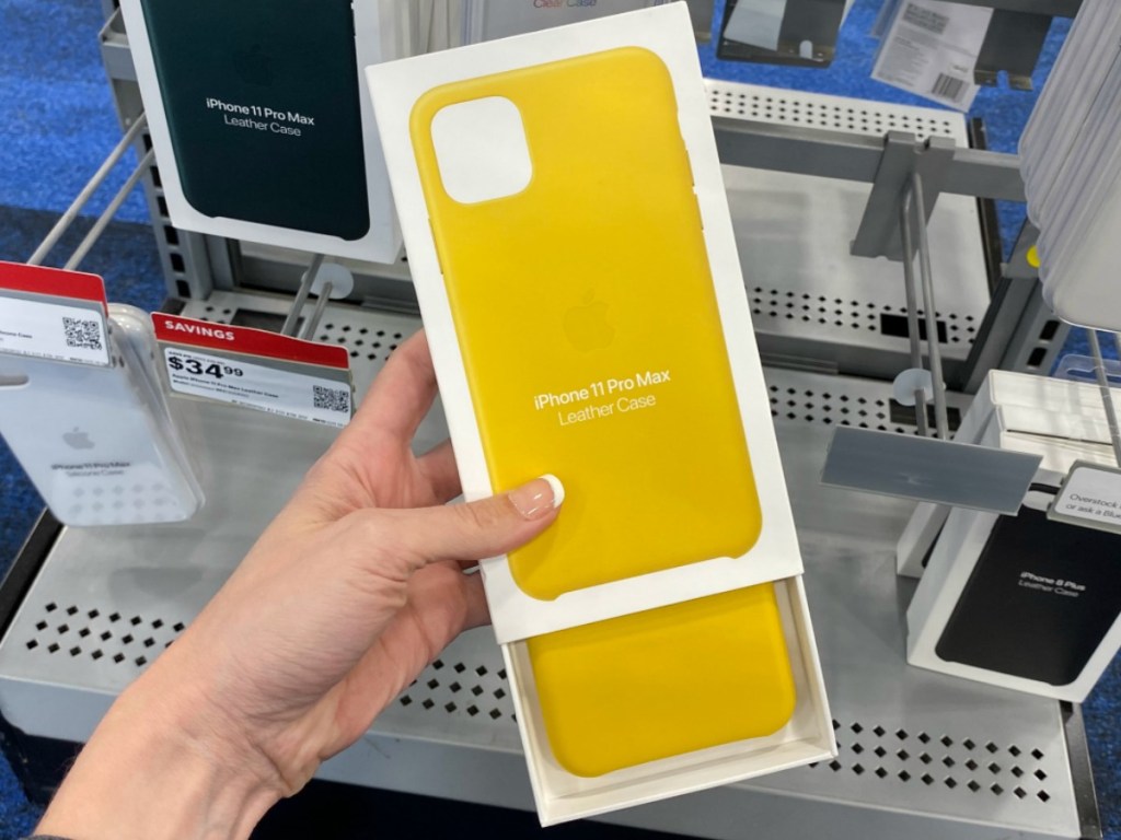 iPhone 11 Pro Max Leather Case in package in hand in Best Buy store