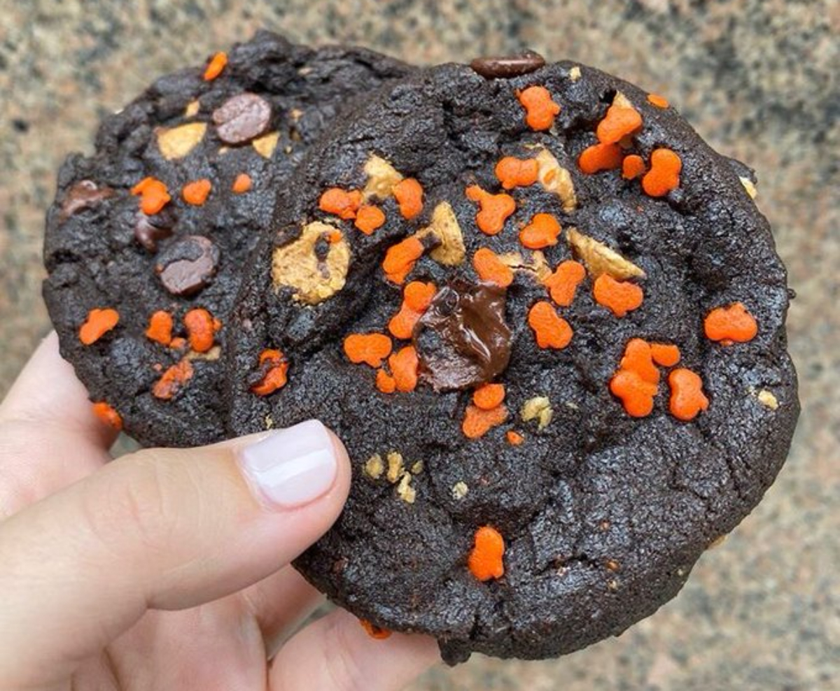 hand holding 2 Halloween cookies