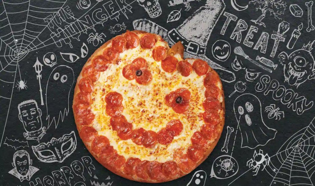 Jack-O-Lantern Pizza on chalkboard at Papa John's