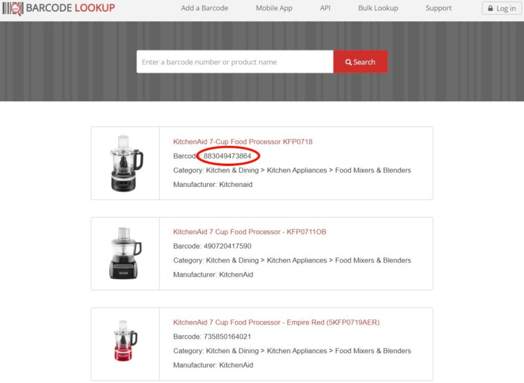 KitchenAid search results in barcode search engine