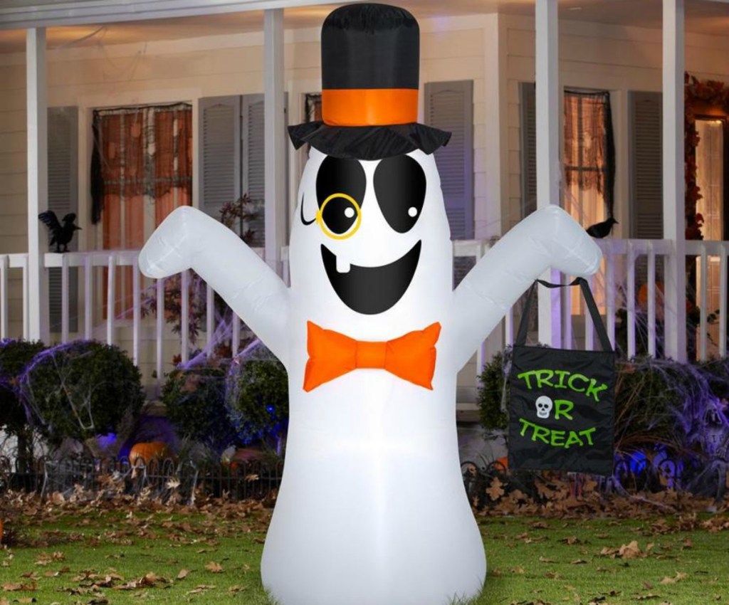 lighted ghost Halloween inflatable in front yard