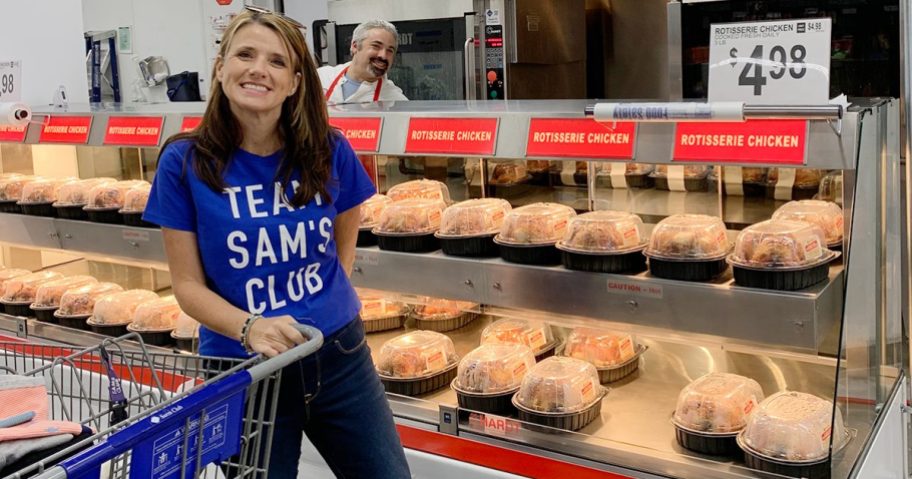 Paige by rotisserie chickens at Sam's Club