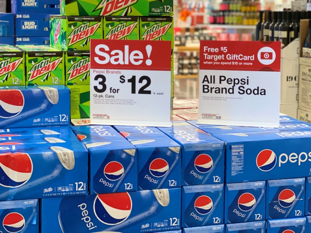 packs of Pepsi brand soda with store price on top