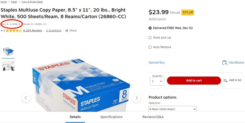 Staples paper product page