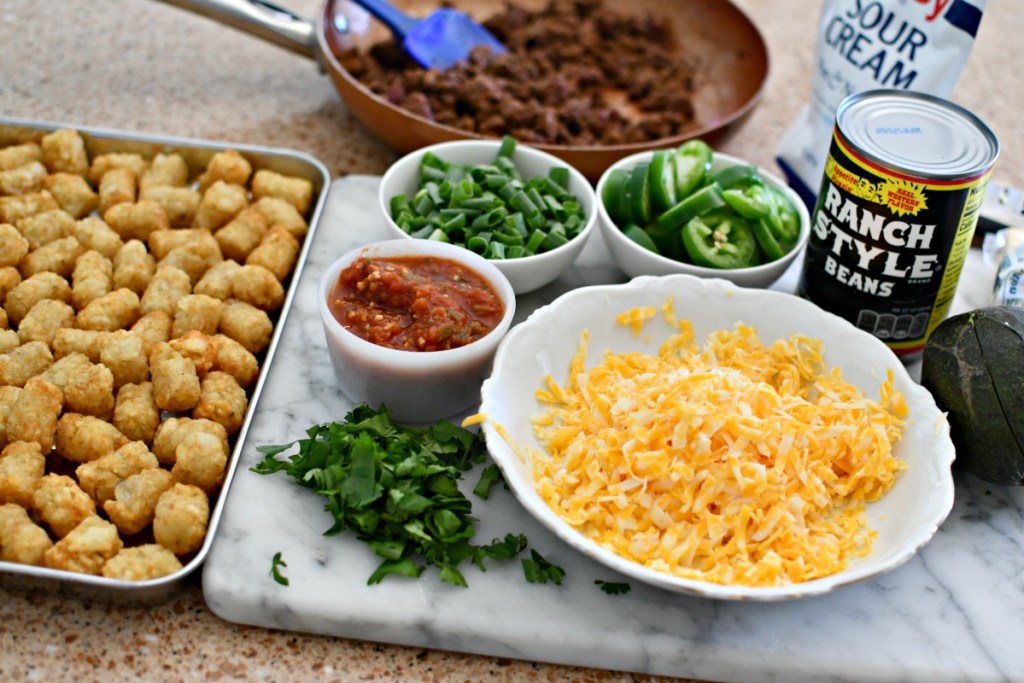 tater tot nachos ingredients on the counter