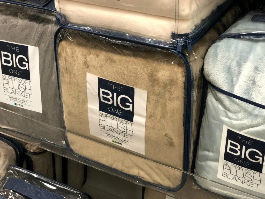 bags of blankets on store shelf
