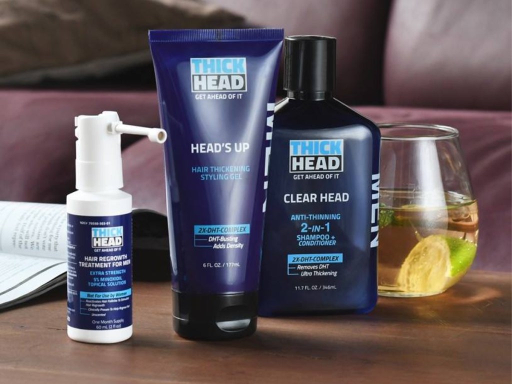 Thick head products with a beverage in background