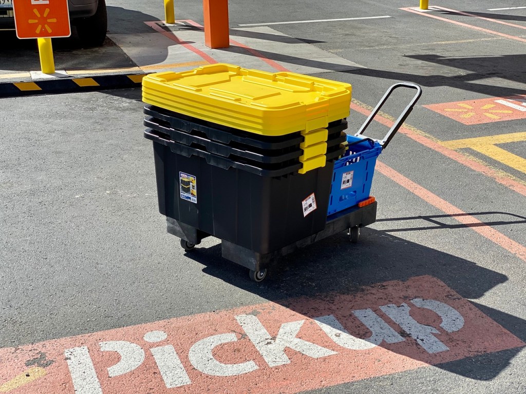 Walmart Grocery Pick-up Dolly Full of Storage Totes