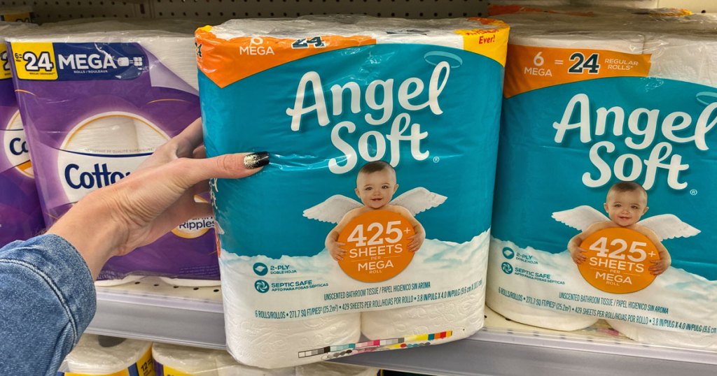 hand holding pack of Angel Soft toilet paper
