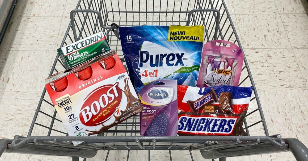 excedrin pain reliever, boost nutritional shakes, purex pacs, dr. scholl's inserts, bic soleil razors and snickers fun size halloween candy at walgreens