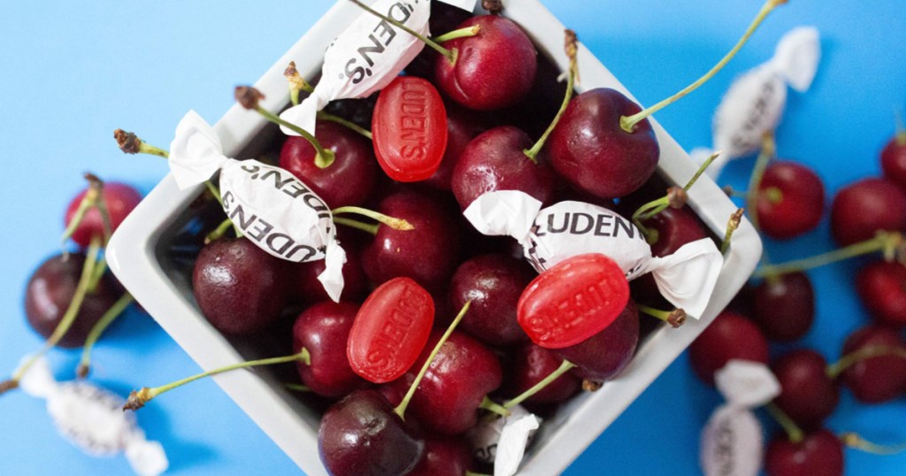 Basket of cherries and luden cough drops