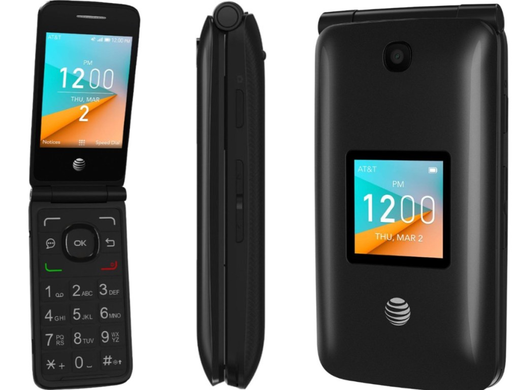 front, side and back views of flip phone with at&t logo on front