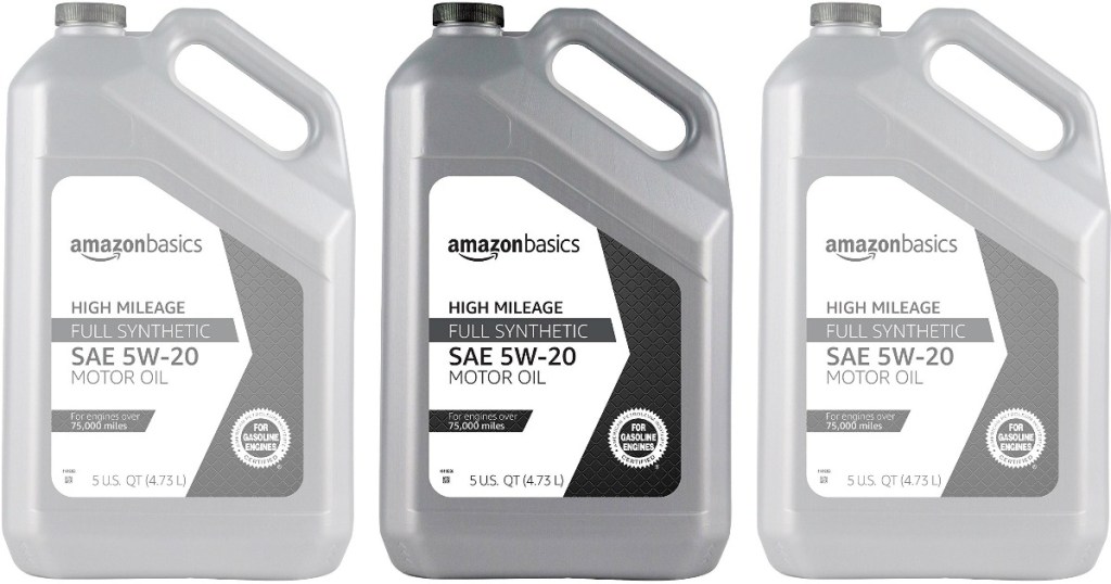 three bottles of AmazonBasics motor oil
