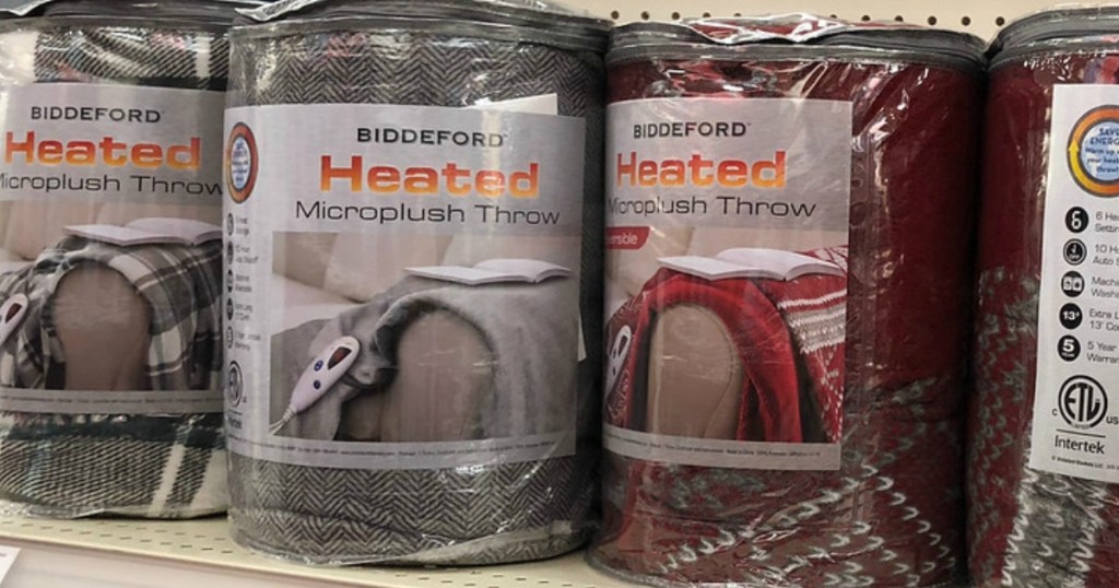 Biddeford Heated throws on shelf