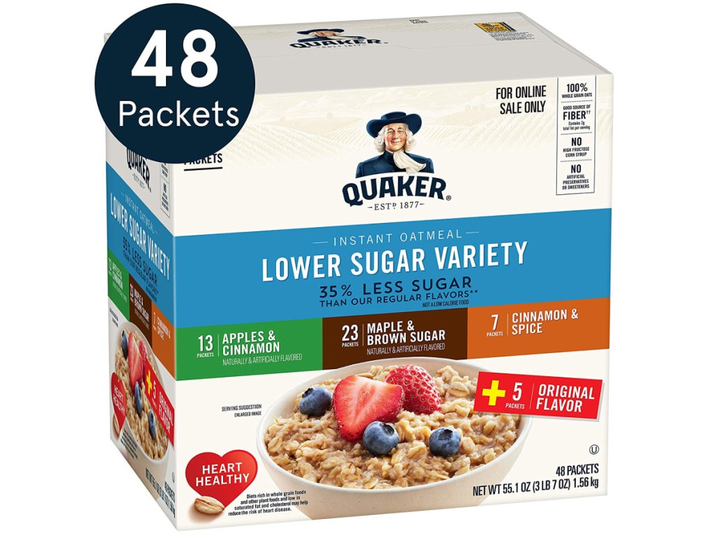 Quaker Oatmeal Lower Sugar 48 count variety pack 