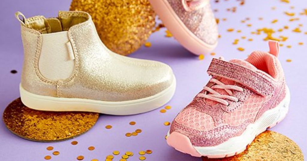 Gold and Pink Carter's Girls Shoes on purple and gold background