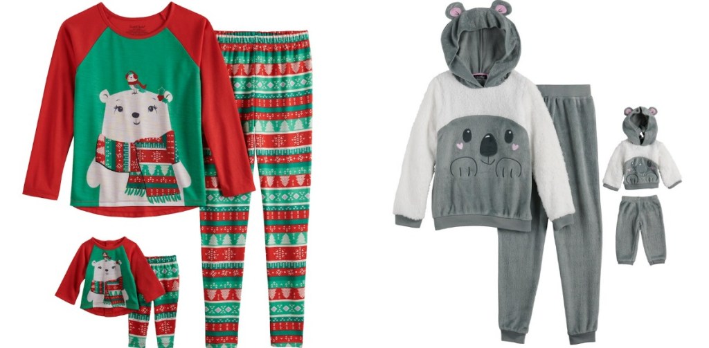 Cuddl Duds girls pajama sets in holiday and koala themes