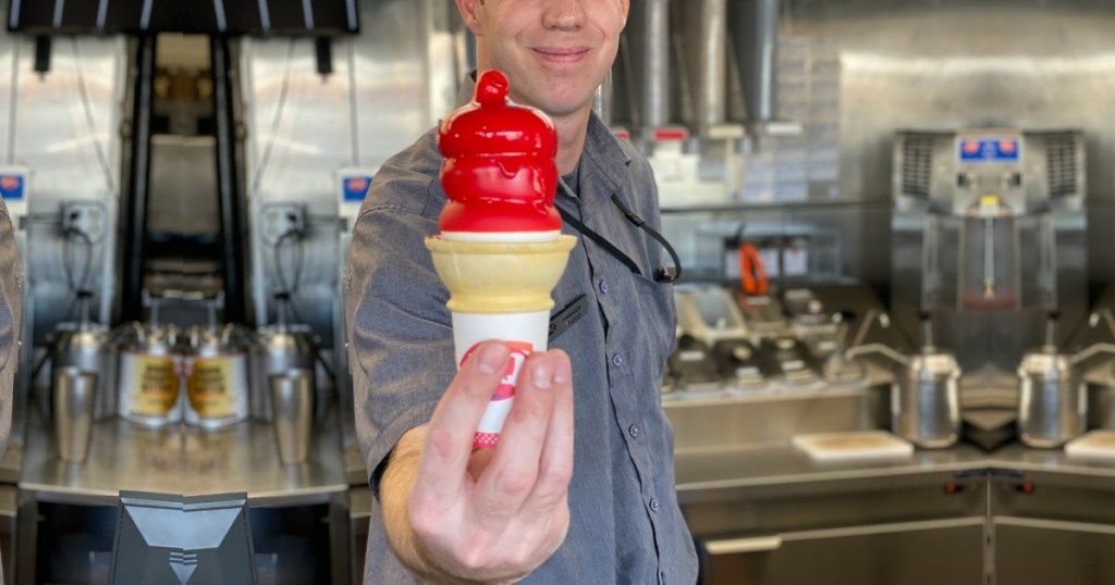 dairy queen strawberry dipper cone in hand