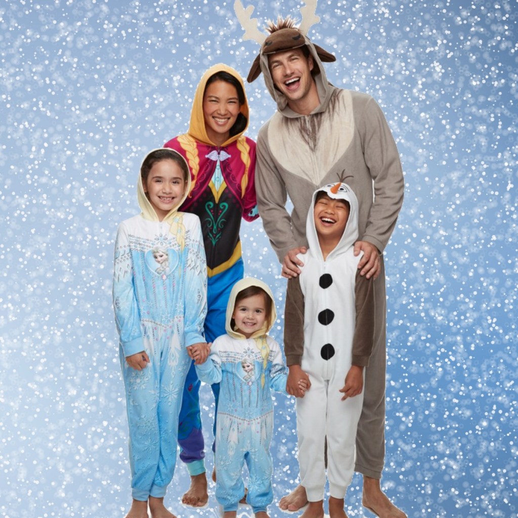 Family wearing matching Frozen themed pajamas