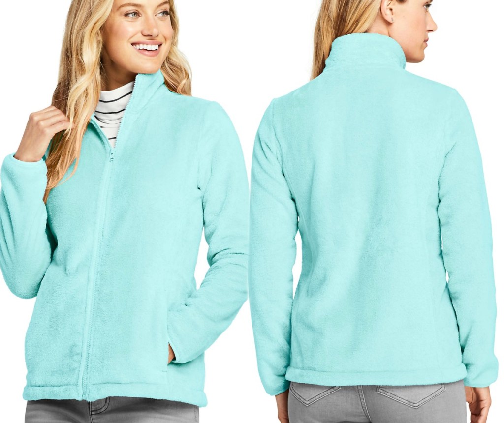 Woman wearing a light blue fleece jacket - front and back view