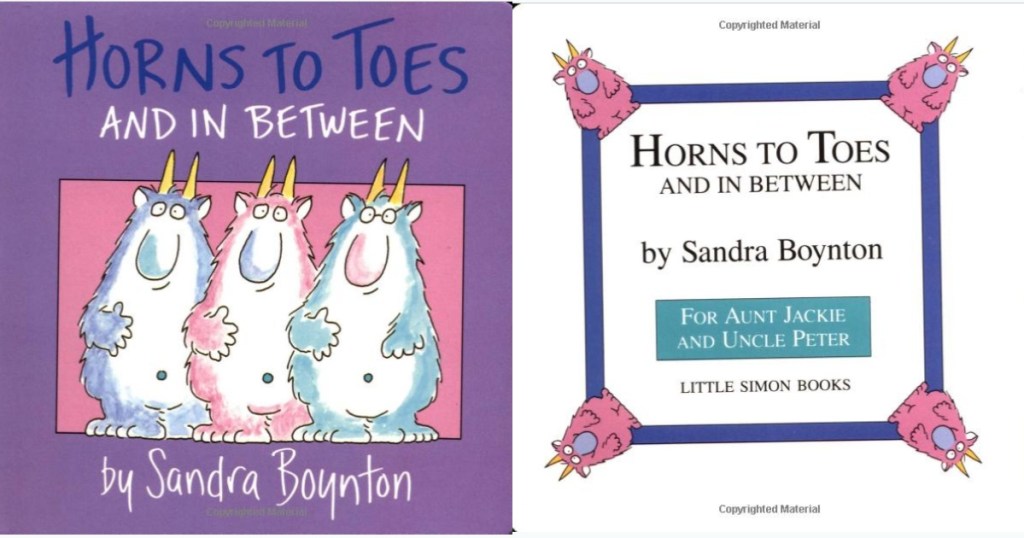 Horns To Toes board book. Purple front cover and 1st page of book shown
