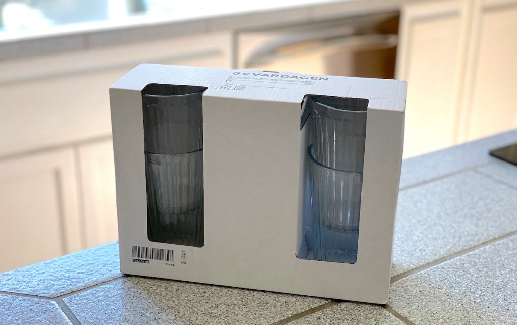 IKEA drinking glasses in box on kitchen counter