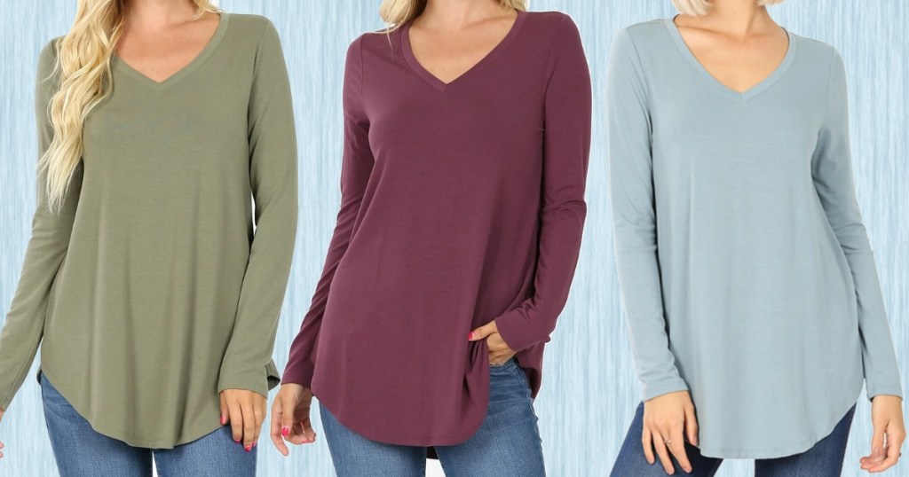 Three colors of Women's V-neck long sleeve shirts
