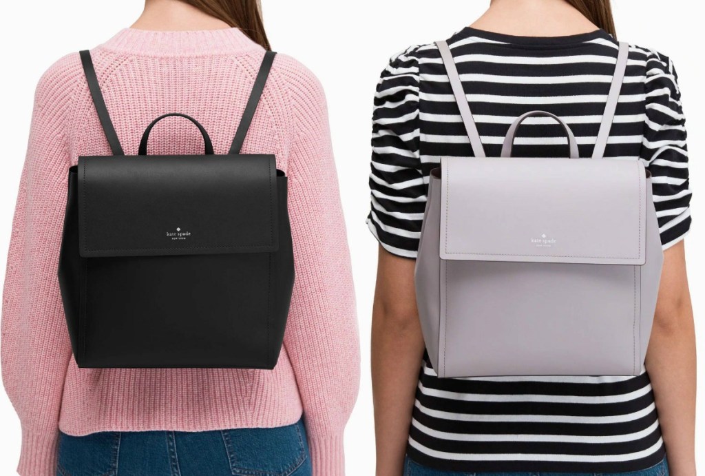 Two women wearing Kate Spade backpacks in white and black