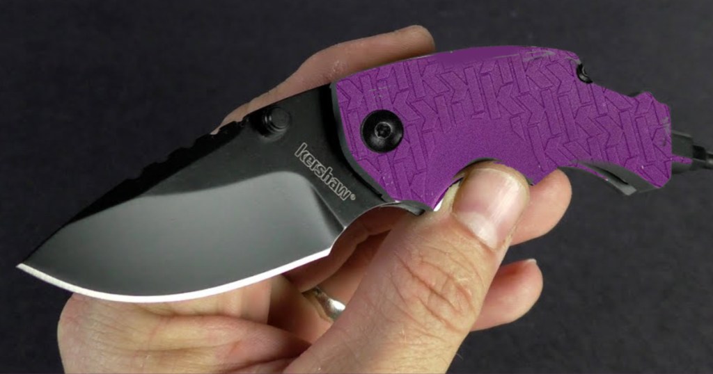 hand holding Kershaw Shuffle Knife Purple (1)