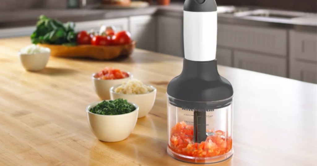 KitchenAid Immersion Blender Kit on counter with chopped tomatoes