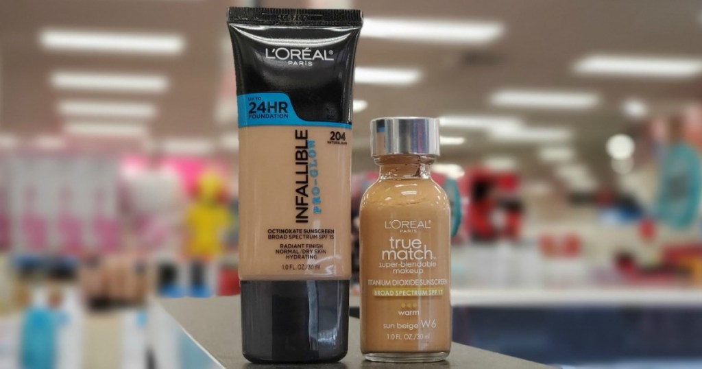 L'Oreal Paris makeup foundation in two styles on counter top in-store