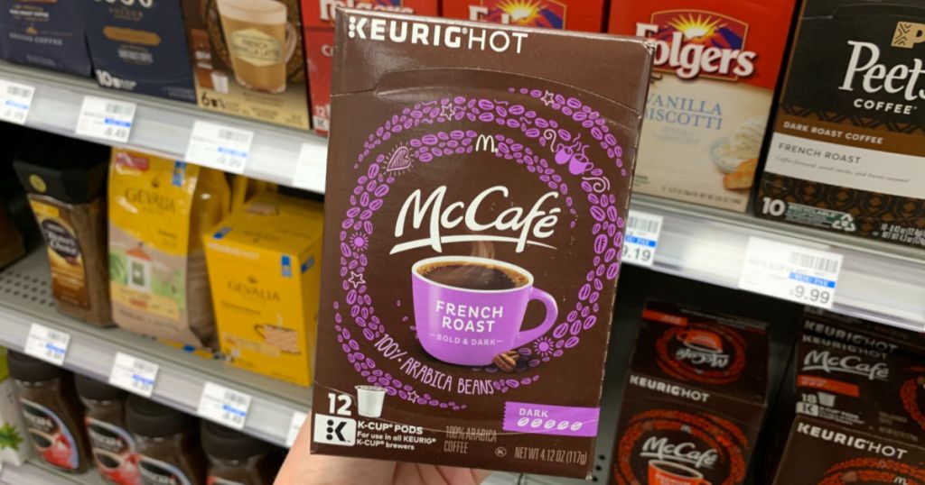 McCafe Kcups in front of shelf