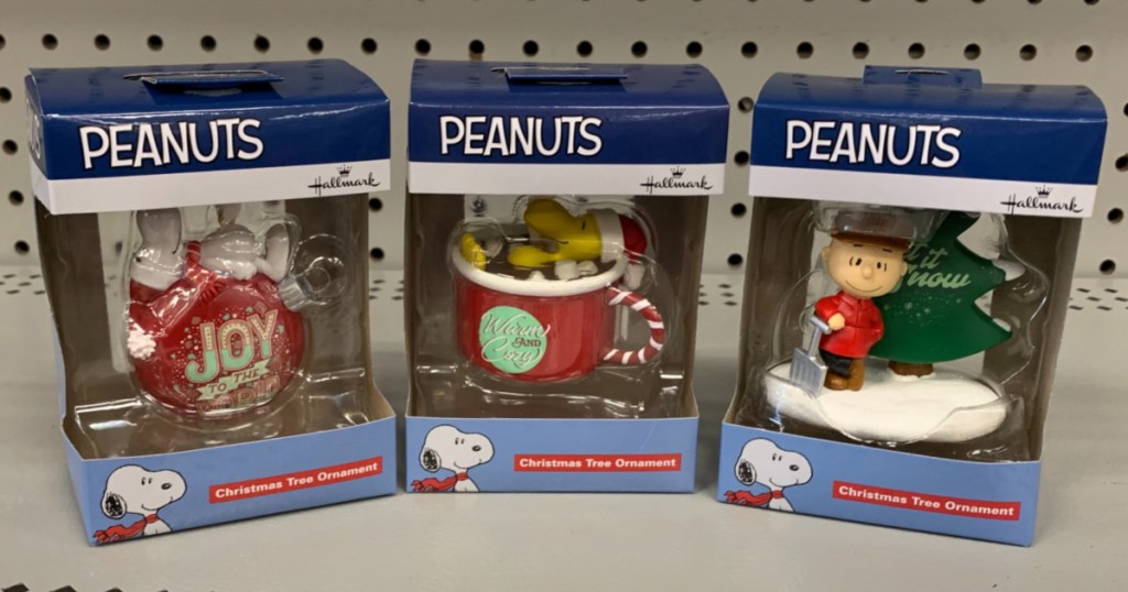 Peanuts ornaments on shelf