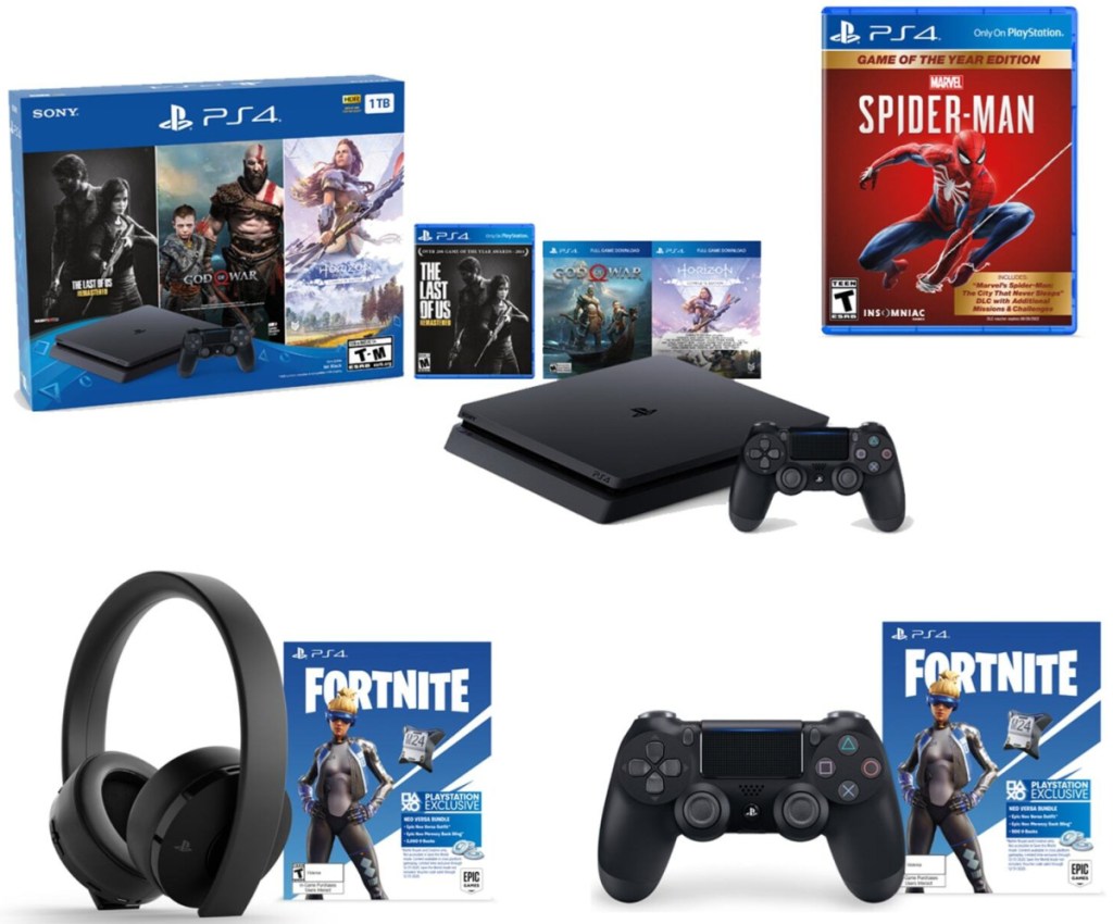 Playstation bundle with controller, headset, fortnite card, spiderman game