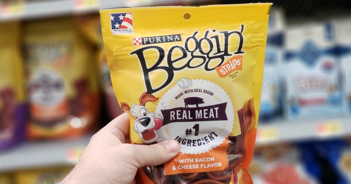 person holding pouch of Purina Beggin' Strips Adult Dog Treats