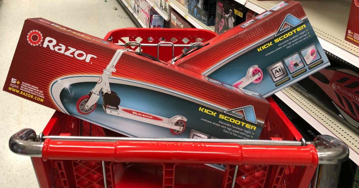 Razor Kick Scooters in red shopping cart in Target store aisle