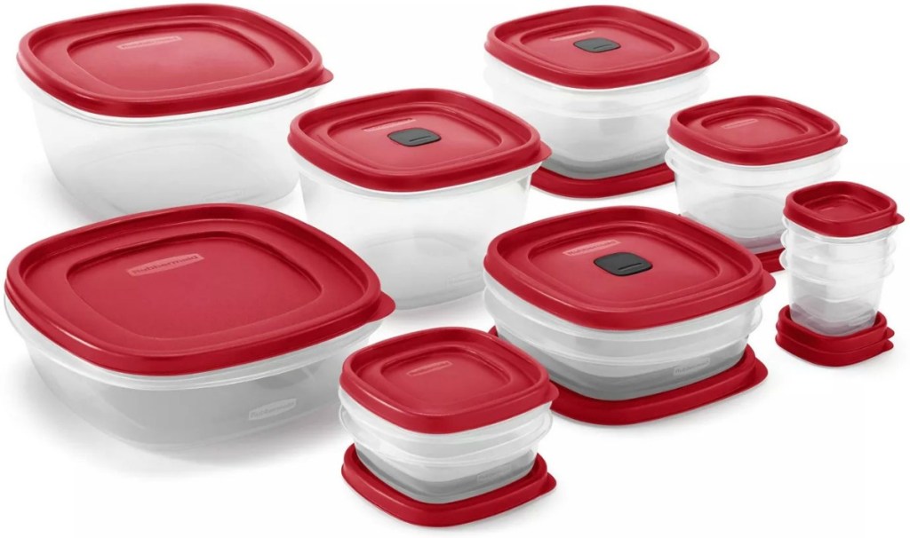 A variety of Rubbermaid Storage Containers with coordinating tops