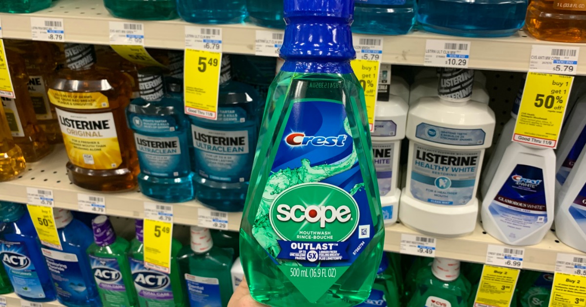 Scope mouthwash in front of shelf 