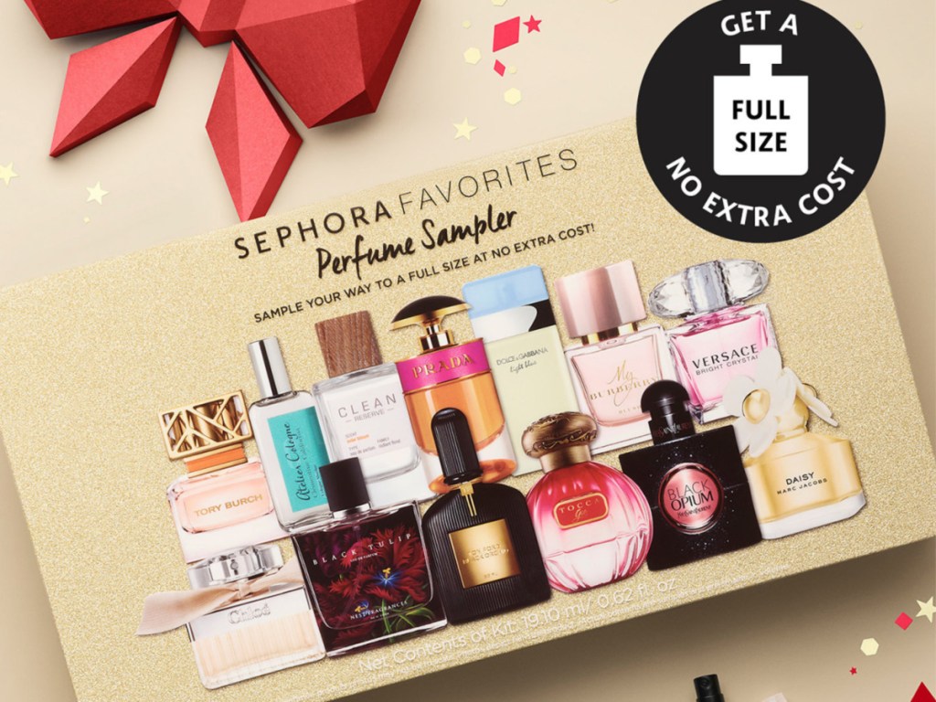 sephora favorites perfume sampler with bow and confetti in the background