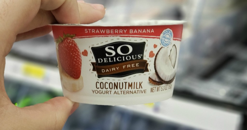 Person holding container of So Delicious Strawberry yogurt
