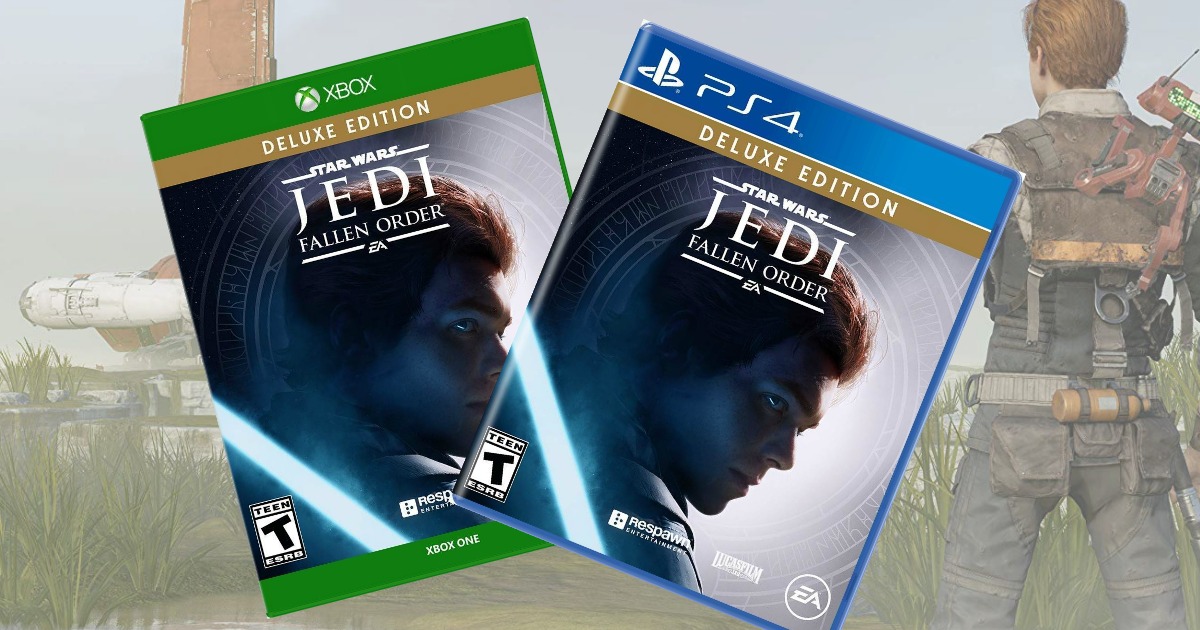 Star Wars Jedi Fallen Order video game for two gaming consoles in front of video game scene