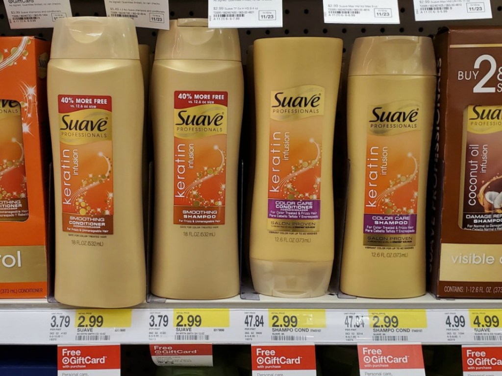 Suave Shampoo & Conditioner bottles on display in-store