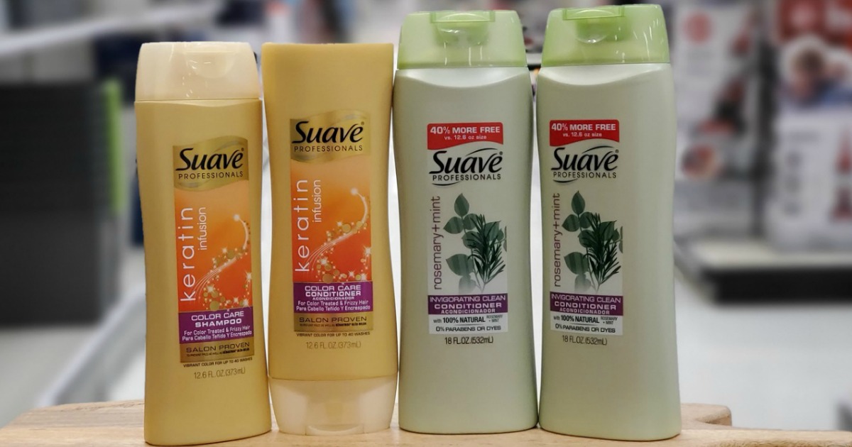 Four Suave Shampoo Bottles on display in-store