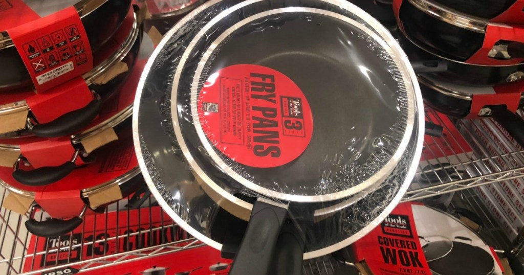 Tools of the Trade Fry Pan 3-piece set in package on shelf at store