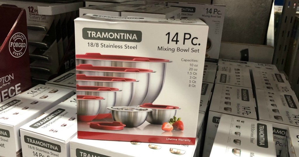 Box of nesting mixing bowls with matching red lids on display at Sam's Club