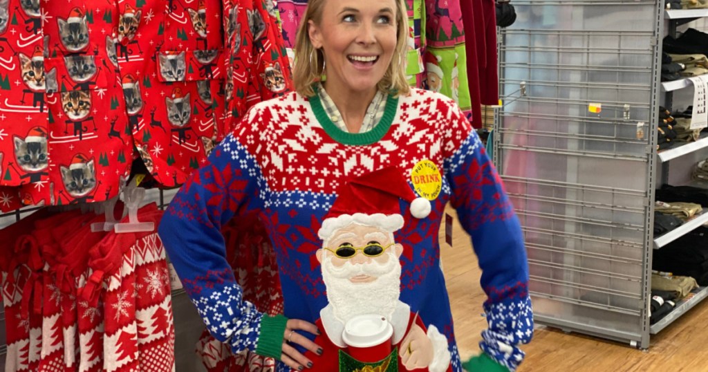 woman wearing santa ugly christmas sweater