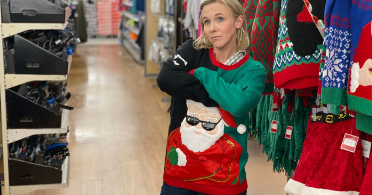woman wearing ugly chirstmas sweater
